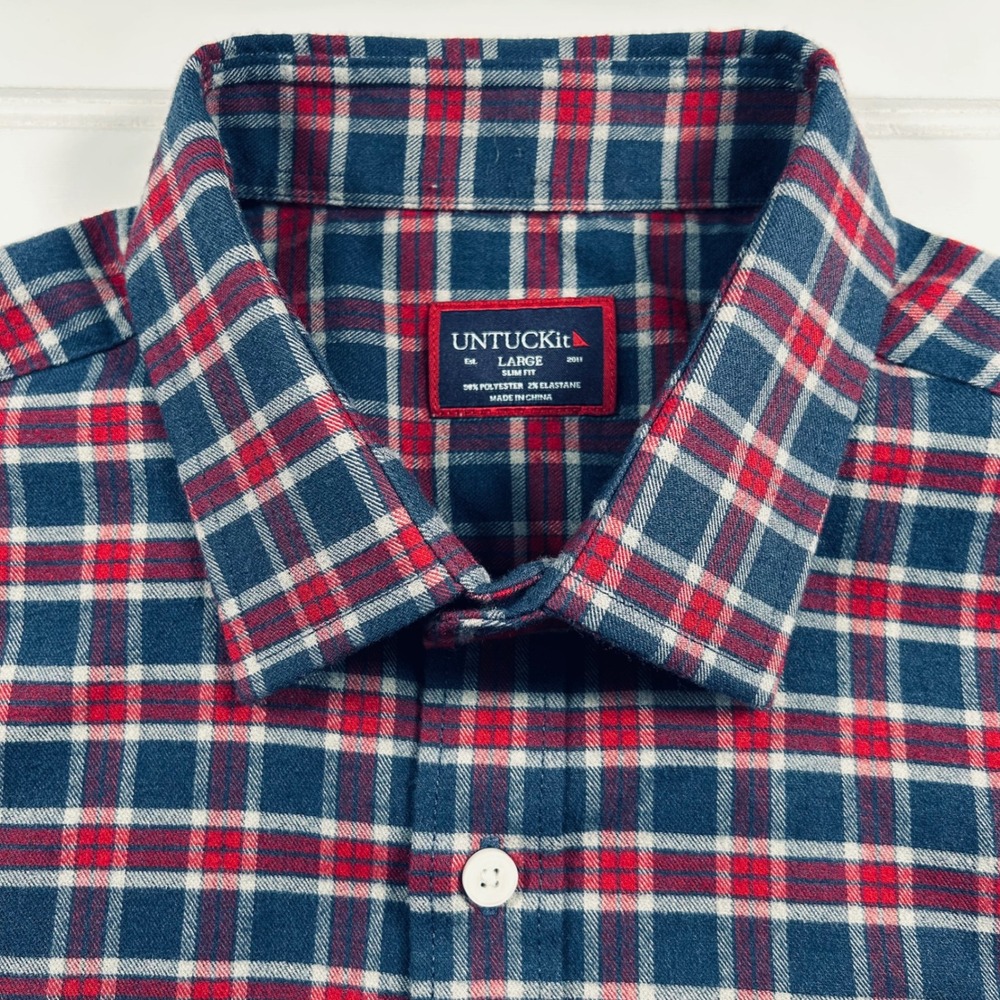 UNTUCKit Passaros Button Up Flannel Shirt Mens L Navy Red Plaid Slim Fit Stretch